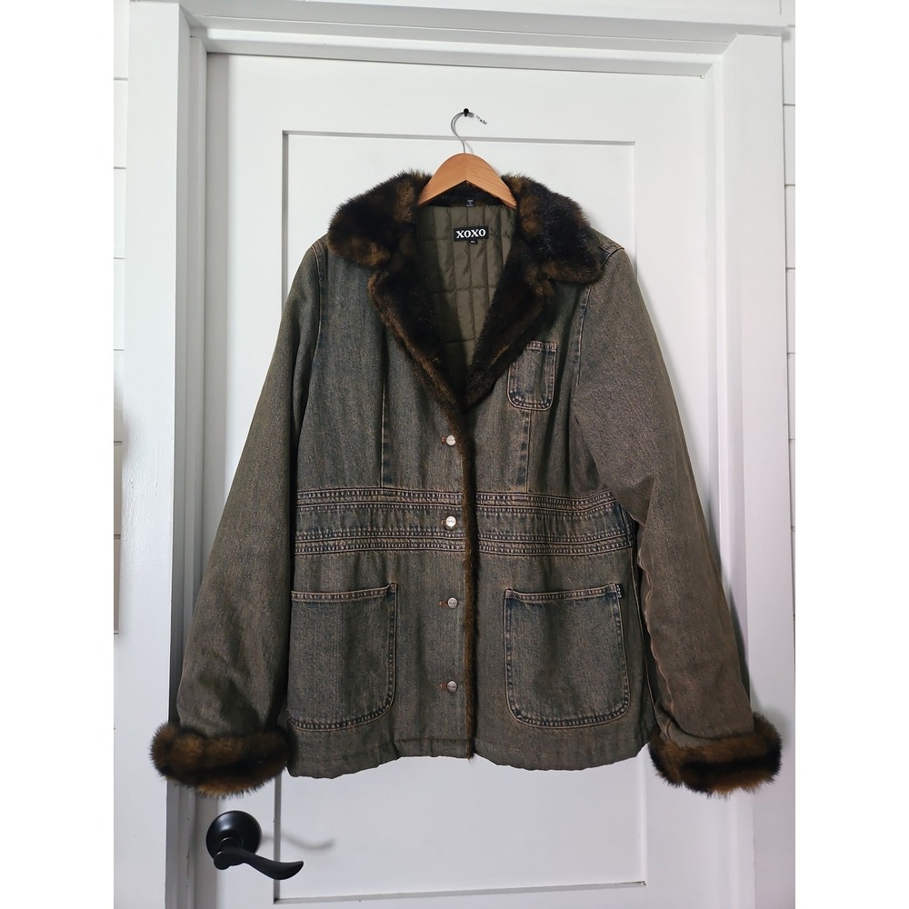 Vintage Y2K XOXO Fur Denim Jacket Coat Style 67194 Cotton Utility Womens XL
